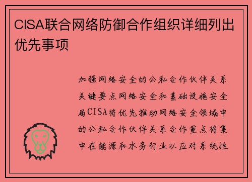 CISA联合网络防御合作组织详细列出优先事项 